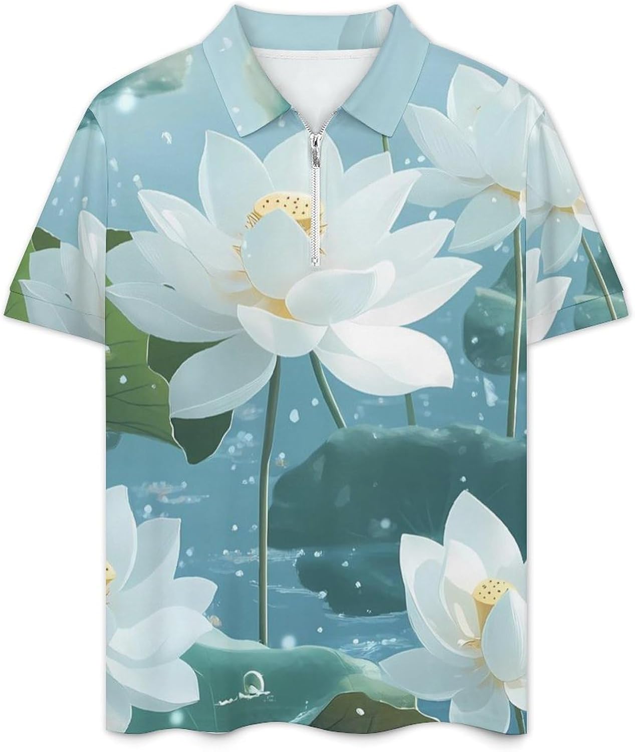 White Lotuses Flowers Mens Polo Shirts Track Suits 2 Piece Short Sleeve Sweatsuit 1/4 Zip Golf Loungewear for Sports