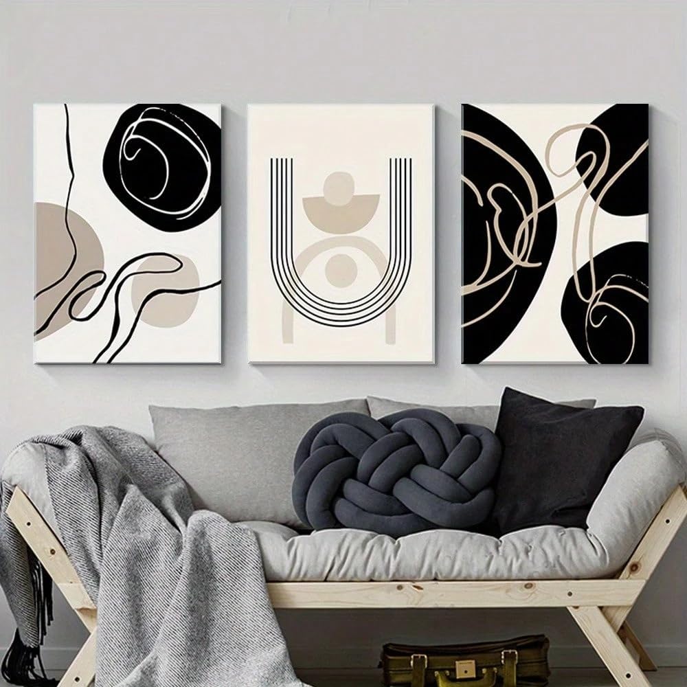 LIFKNVN Bohemian Wall Art Beige Black Lines Abstract Medieval Canvas Painting Minimalism Geometric Wall Art Picture For Bedroom(60x90cmx3/Without frame)