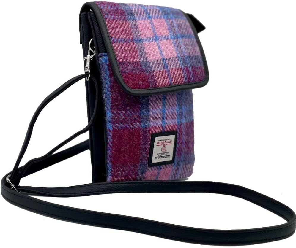 Ladies Mini Crossbody Bag with Adjustable Strap, 100% Harris Tweed & Vegan Leather, 8.27' x 5.31' x 1.18'