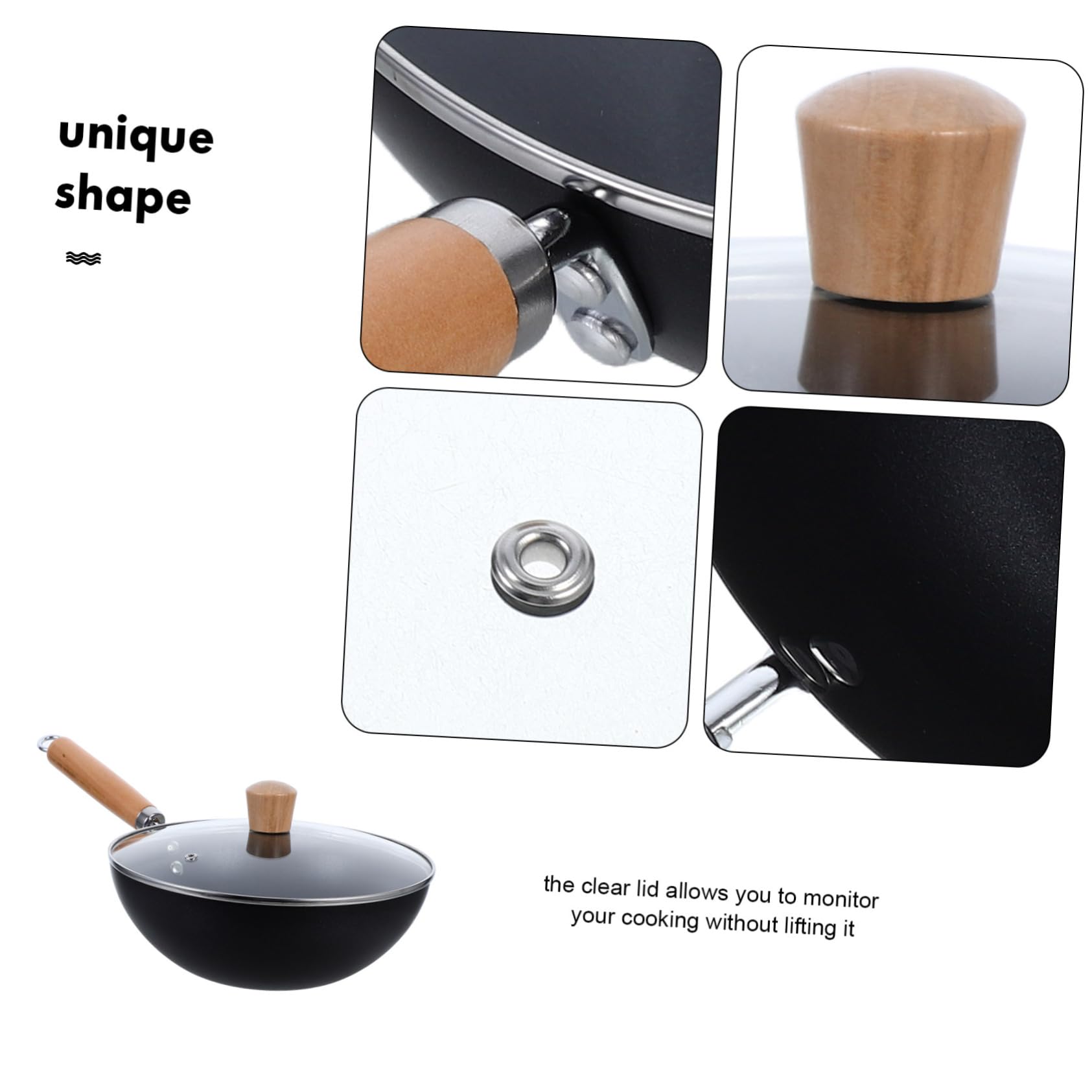 HEALLILY Padella in ferro con coperchio profondo antiaderente Wok design ergonomico manico in legno per cucina cucina comoda conservazione