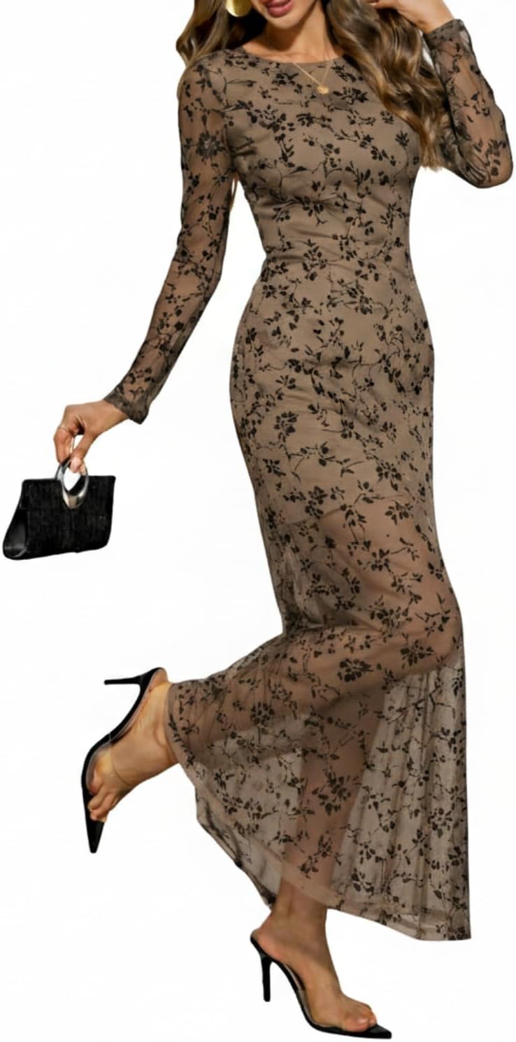 LIGHT DOT Women's Floral Bodycon Maxi Dress Long Sleeve Mesh Ruched Formal Cocktail Dress