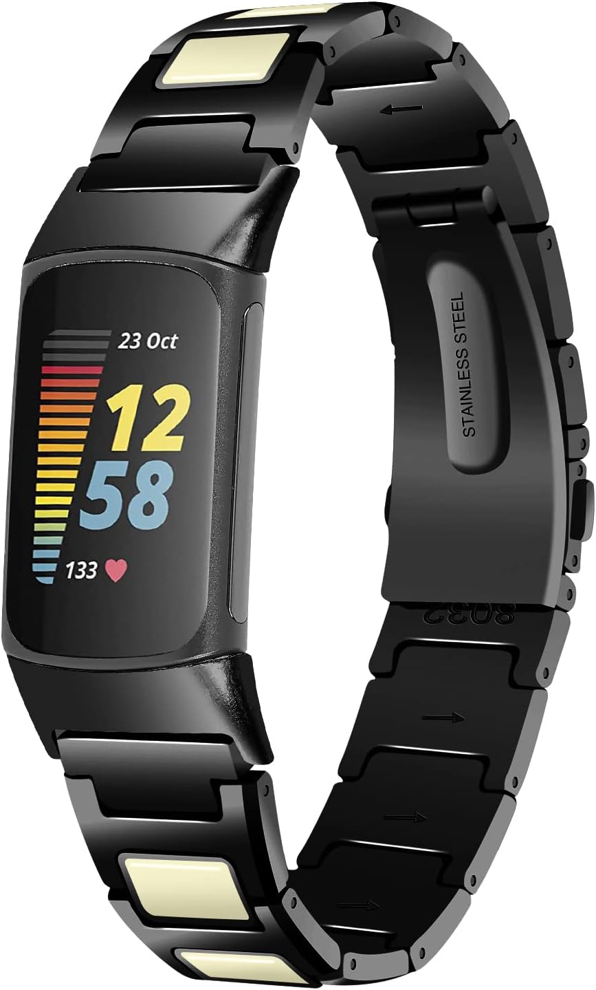 FitTurn Unique Design Colorful Bands Compatible with Fitbit Charge 6/Charge 5, Dressy Metal Bracelet Luxurious Stainless Steel Strap Replacement Wristband for Charge 6/Charge 5 Tracker