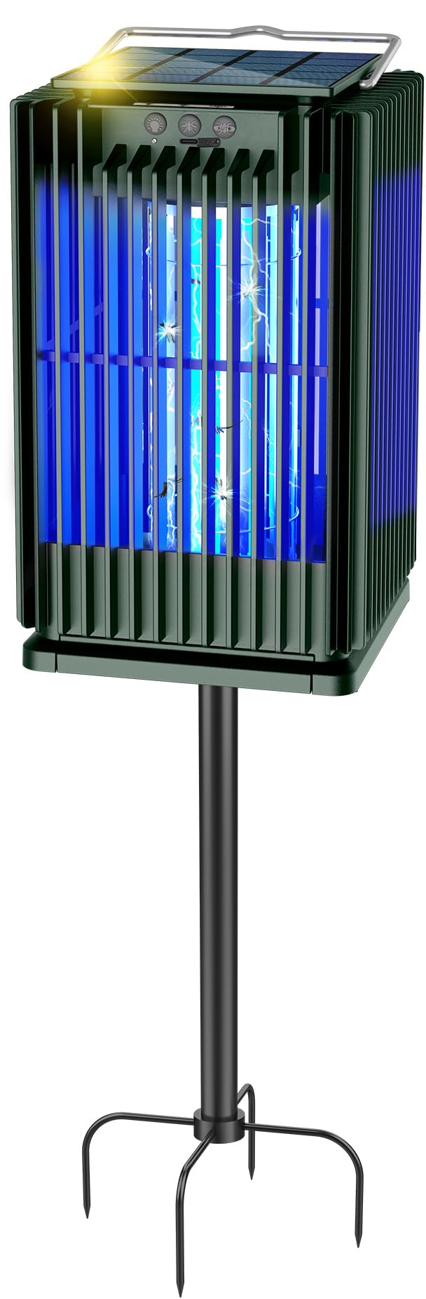 Matamoscas solar para exteriores, impermeable, matamosquitos solar para exteriores con soporte de tierra, exterminador de moscas inalámbrico con luz iluminada, matamosquitos recargable de 5000 mAh