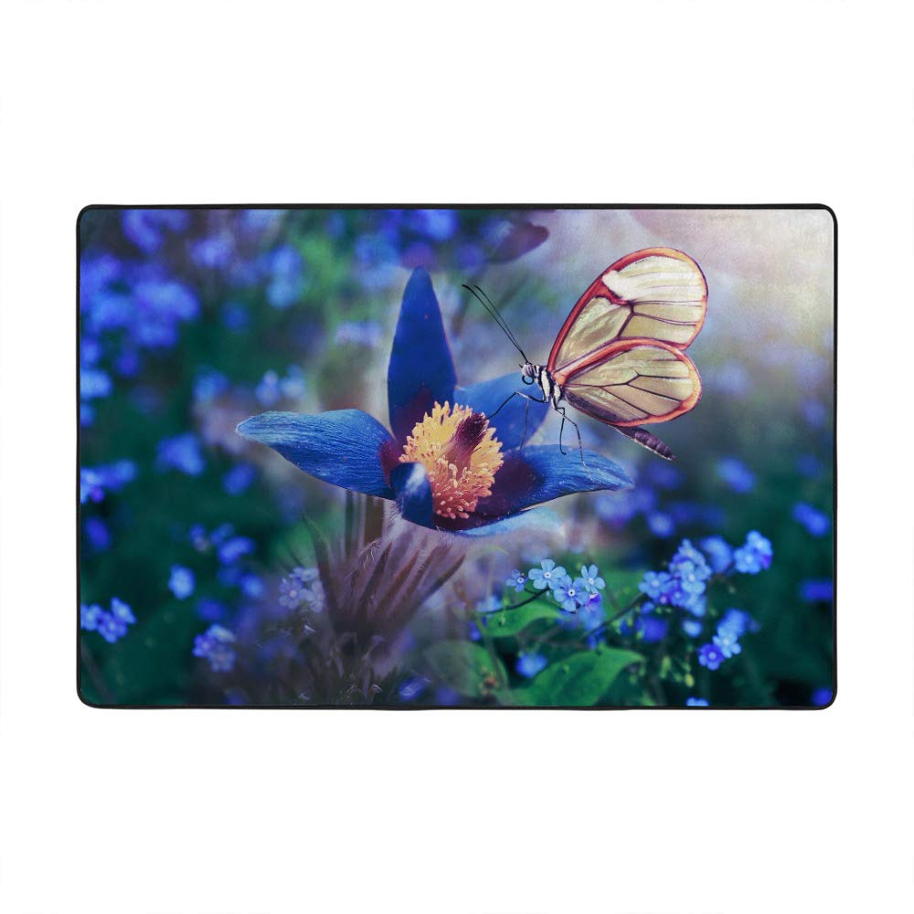 Grand tapis papillons et fleurs bleues Ruchen en velours corail de 152x99 cm