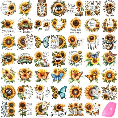 STWOICL 48 Sheets Rub on Transfers for Crafts and Furniture Rub on Transfer Stickers Decals for Wood 2.5 * 2.5inch (Sunflower)