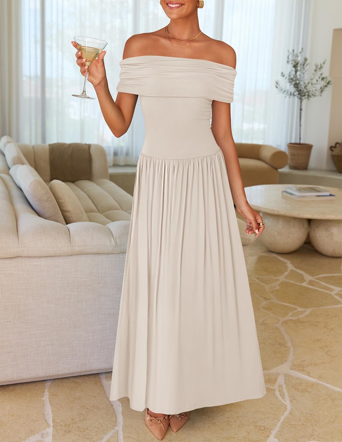 ZESICA Women's Off The Shoulder Maxi Dress 2026 Summer Sleeveless Casual Slim Swing Pleated Formal Party Dresses - Image 2