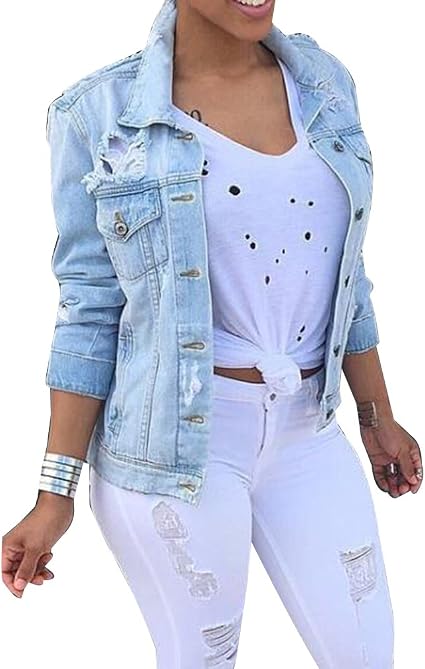 Donna Casual Giacca Denim Giacché Rotti Jeans Camicia Fori Cappotti Taglia  Larga : Amazon.it: Abbigliamento