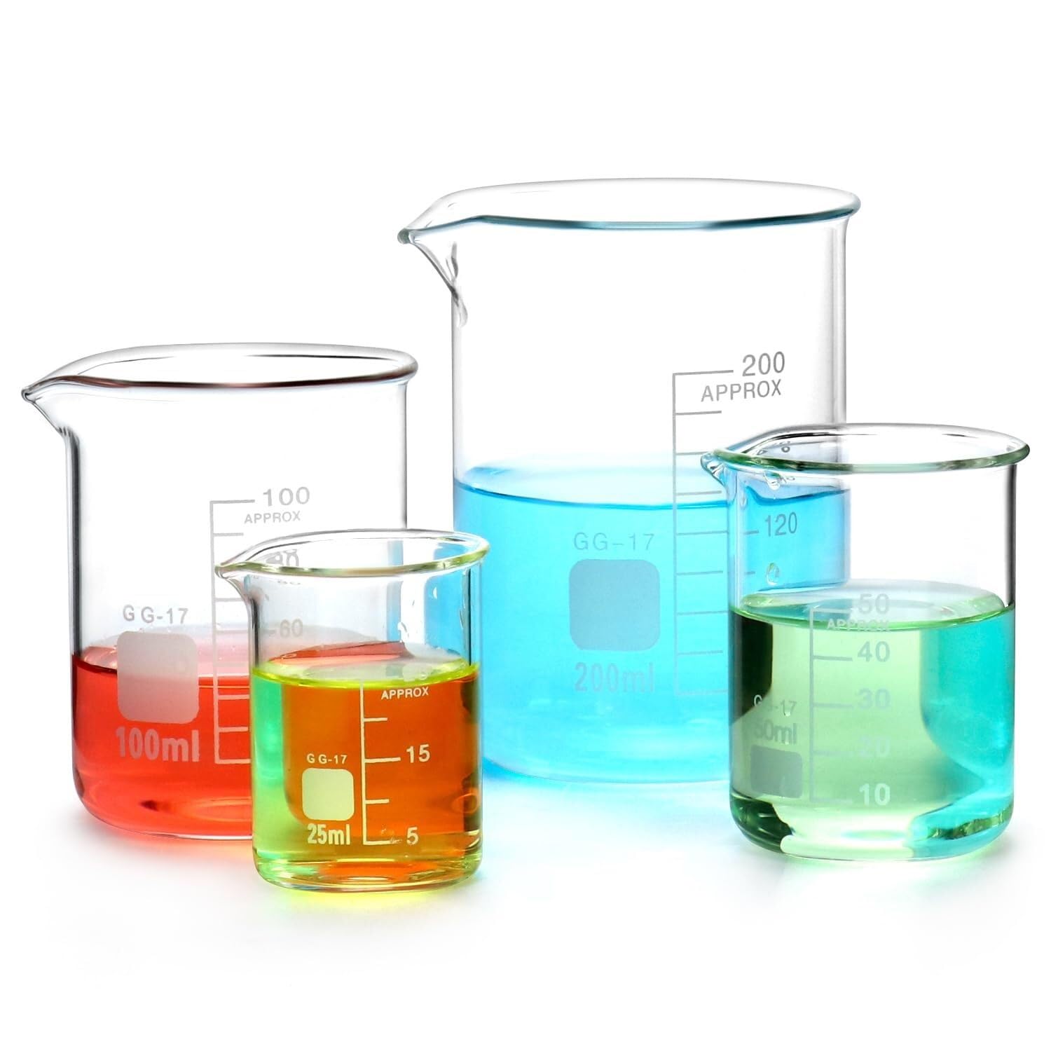 Set 4 Béchers in Vetro Borosilicato Graduati 25ml 50ml 100ml 200ml per Laboratorio, Cucina e Esperimenti Scientifici