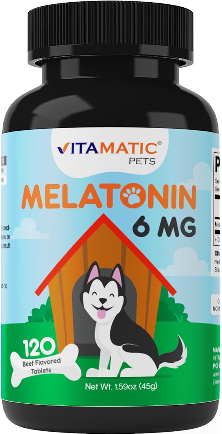 Vitamatic Melatonin for Dogs - 6 mg - 120 Beef Flavored Chewable Tablets ((Pack of 1))