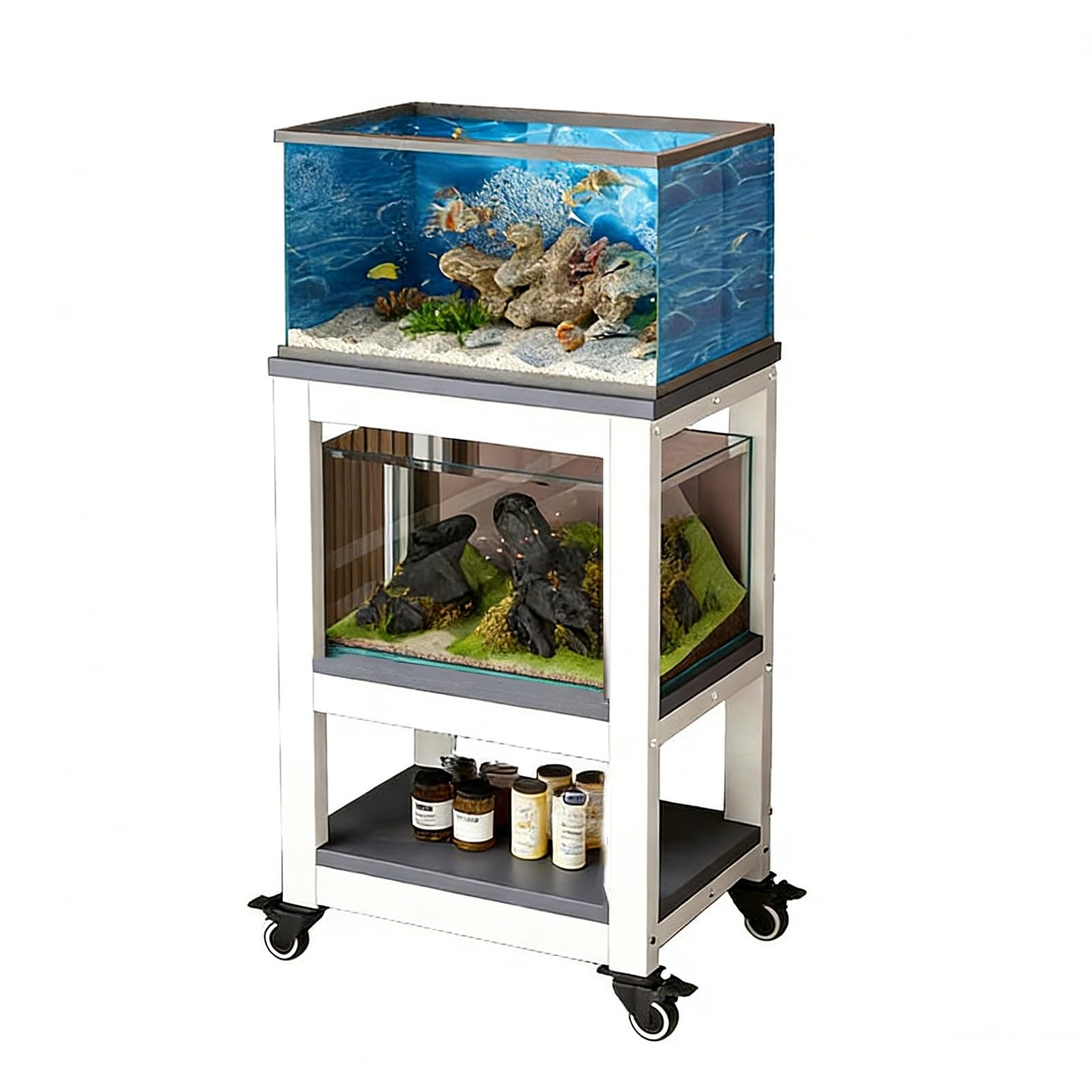 3-Tier Rolling Aquarium Stand with Enclosed Display Shelf &amp; Storage - Heavy-Duty Fish Tank Holder for Small/Medium Tanks Mobile Cart with Lockable Wheels for Home, Office, or Hobby Rooms(Gray,81x40x103cm/32x16x41")
