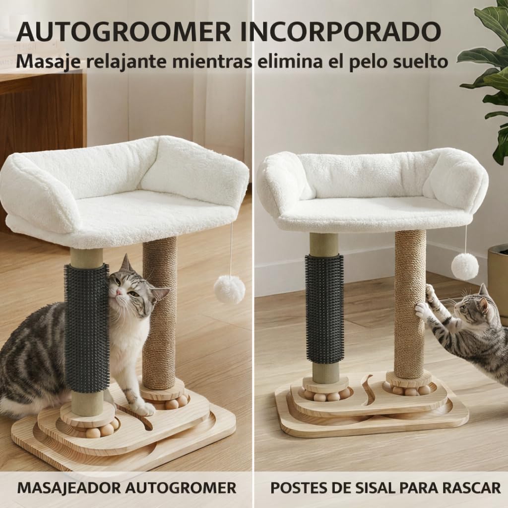rascador Gato, rascador para Gatos, árbol para Gatos, Cama Gato, con Juguete Colgante y Cama, con Poste sisal, Base Antideslizante de Madera, Multifuncional Juego, Descanso y Cuidado