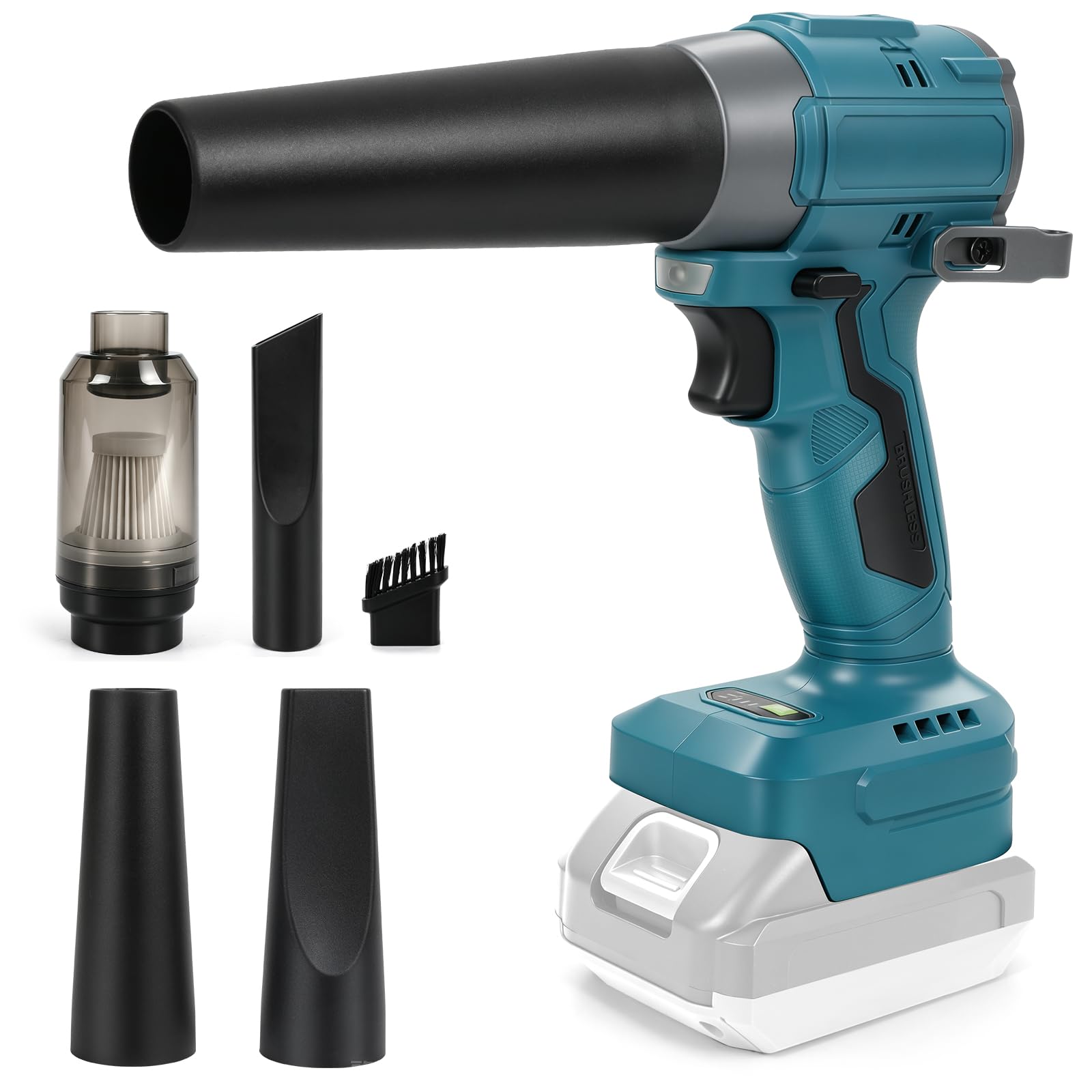 Bezprzewodowa dmuchawa i odkurzacz 2 w 1, kompatybilny z akumulatorem Makita 18 V | 150 W, bezszczotkowy odkurzacz z 3 dyszami do samochodu, na kemping, do warsztatów, klawiatury (bez akumulatora)