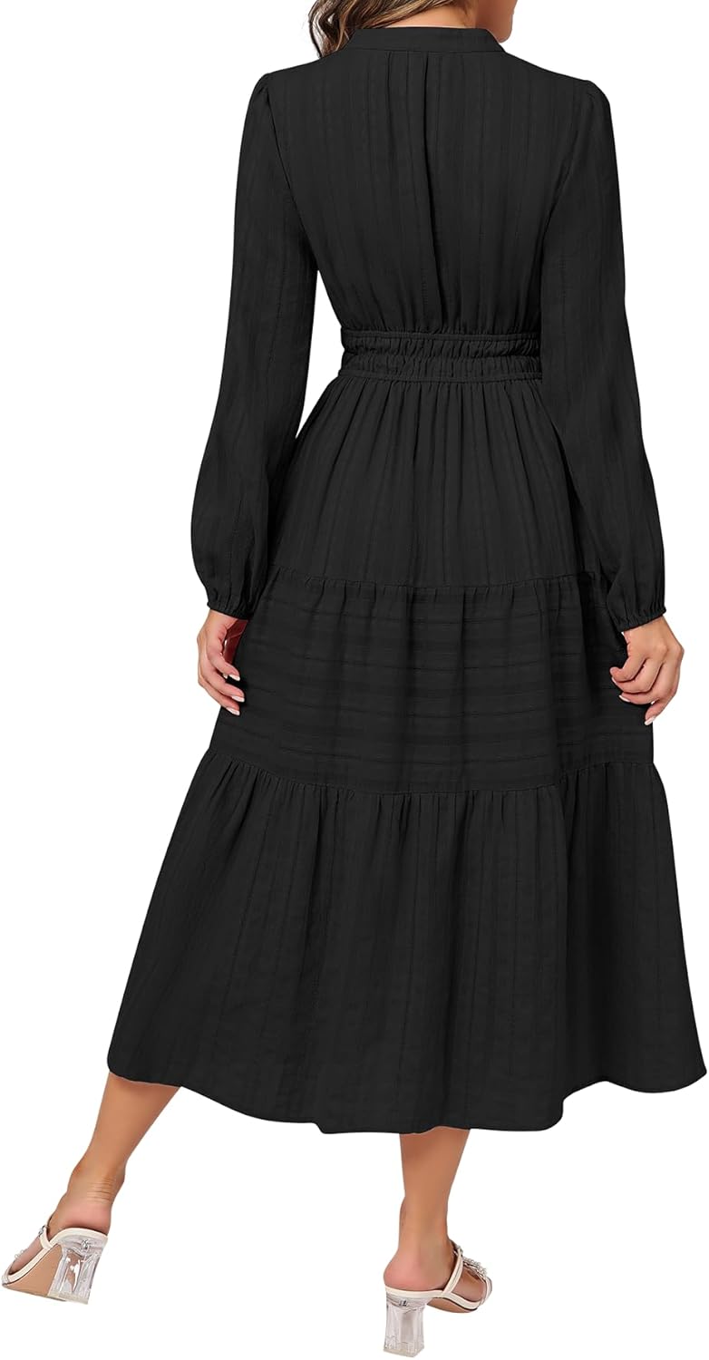 Fall Dresses for Women 2025 Casual Long Sleeve V Neck Elastic Waist Soft Maxi Wedding Guest Dress Pockets - Image 2