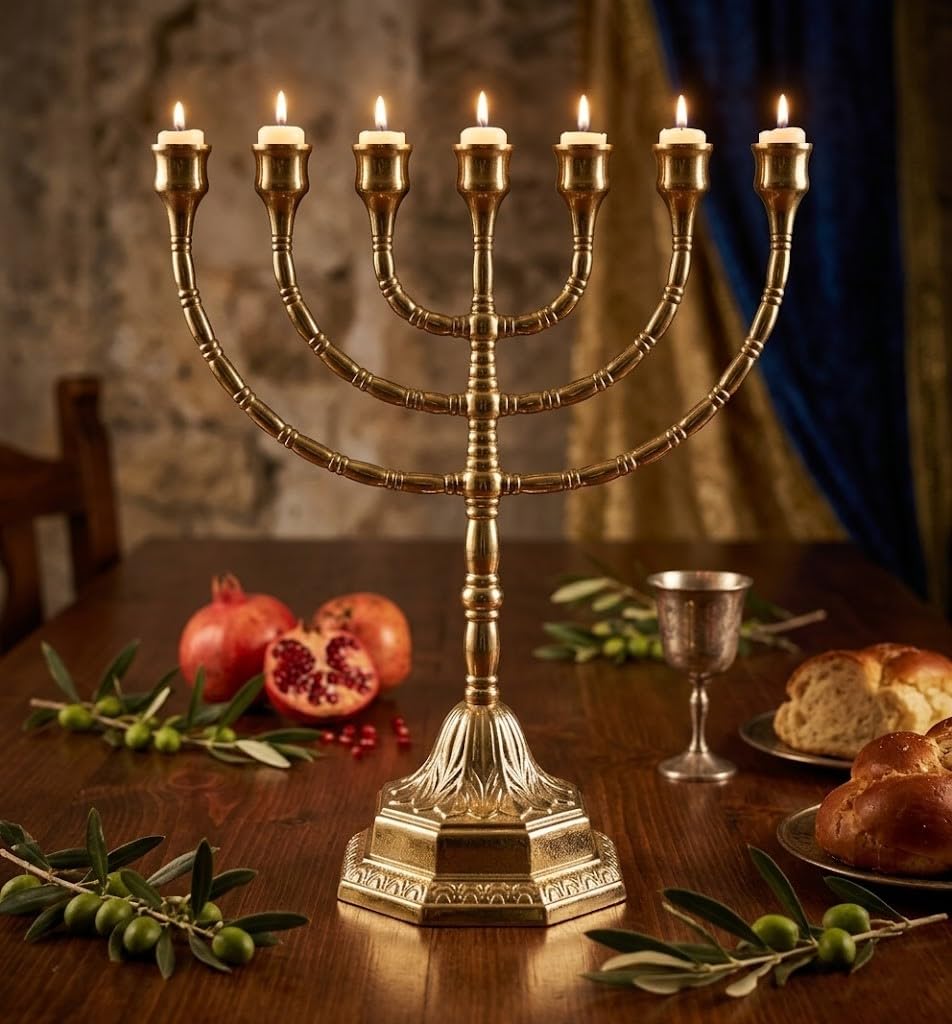 Arterameferro Menorah Chandelier religion juive en laiton poli, 7 branches, grand format