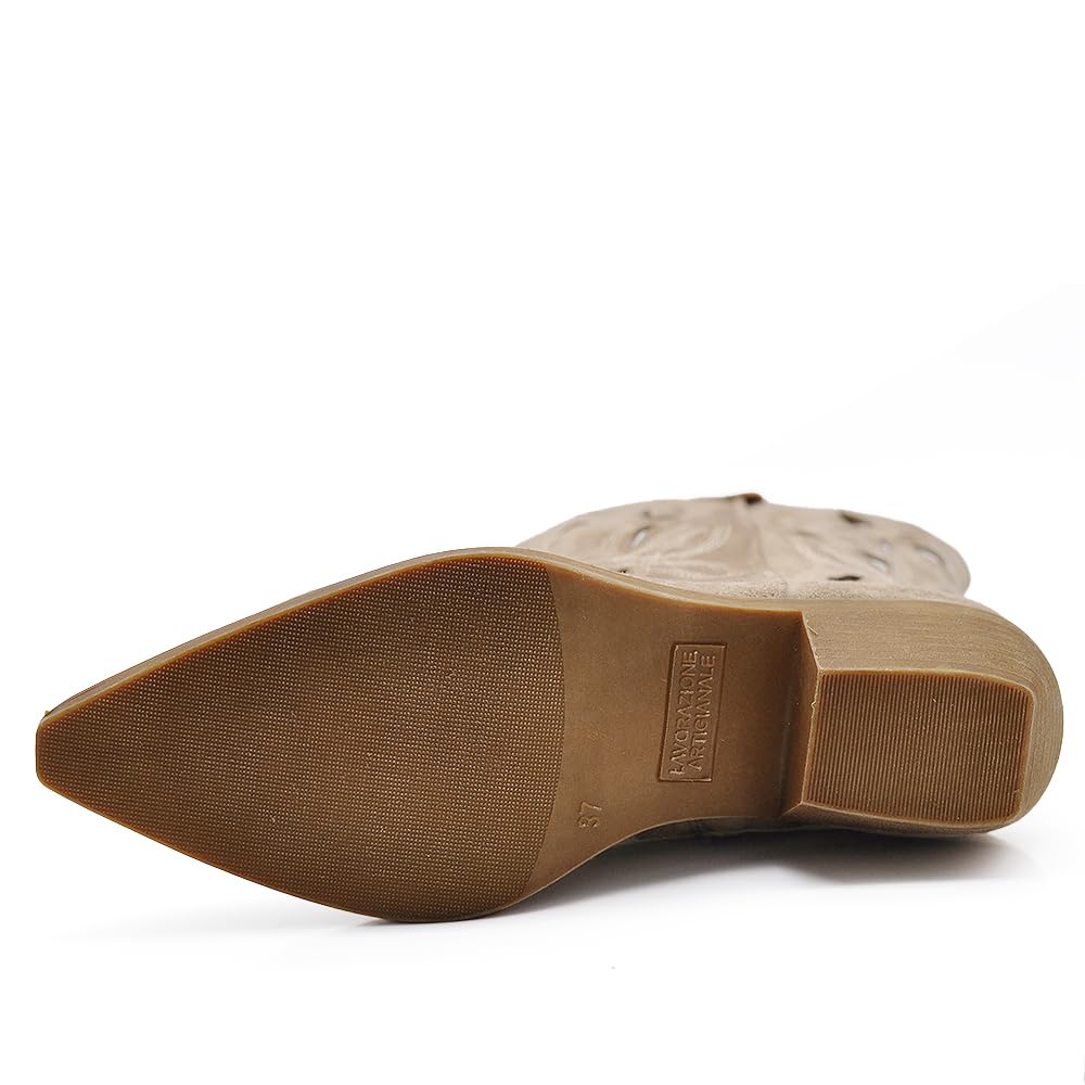 IF Botas altas Texanas para mujer Western de piel sintética vegana, diseño perforado, tacón medio y punta cónica