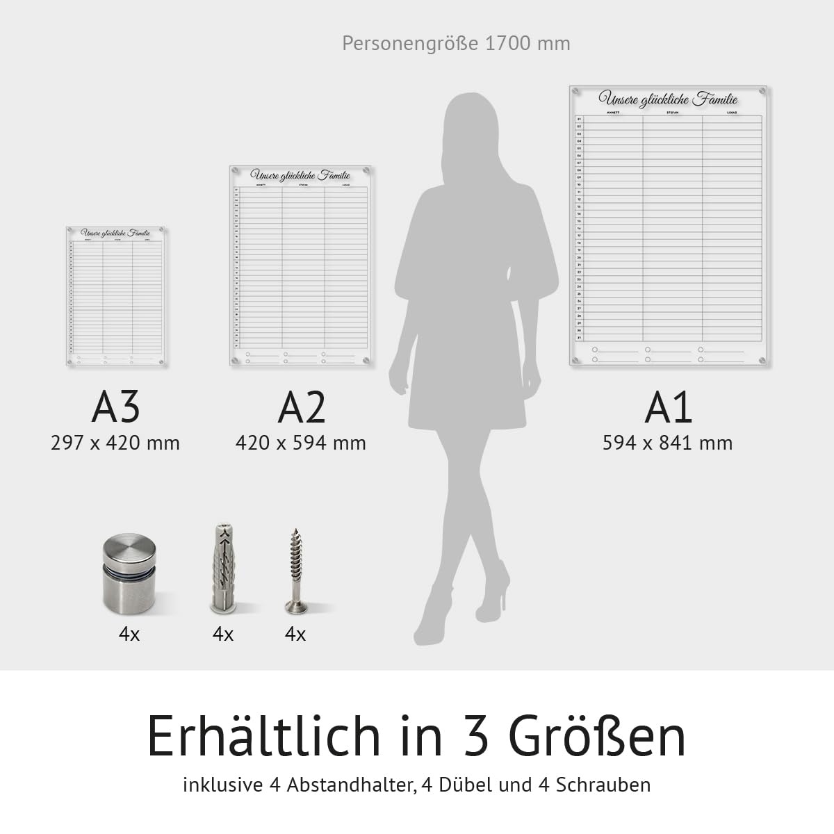 Personalisierter Acrylglas 3-Spalten Familienplaner Kalender abwischbar DIN A3, A2 oder A1 XXL wählbar inkl. Montagematerial und Edelstahl Abstandhalter, langlebig, klarer UV-Druck