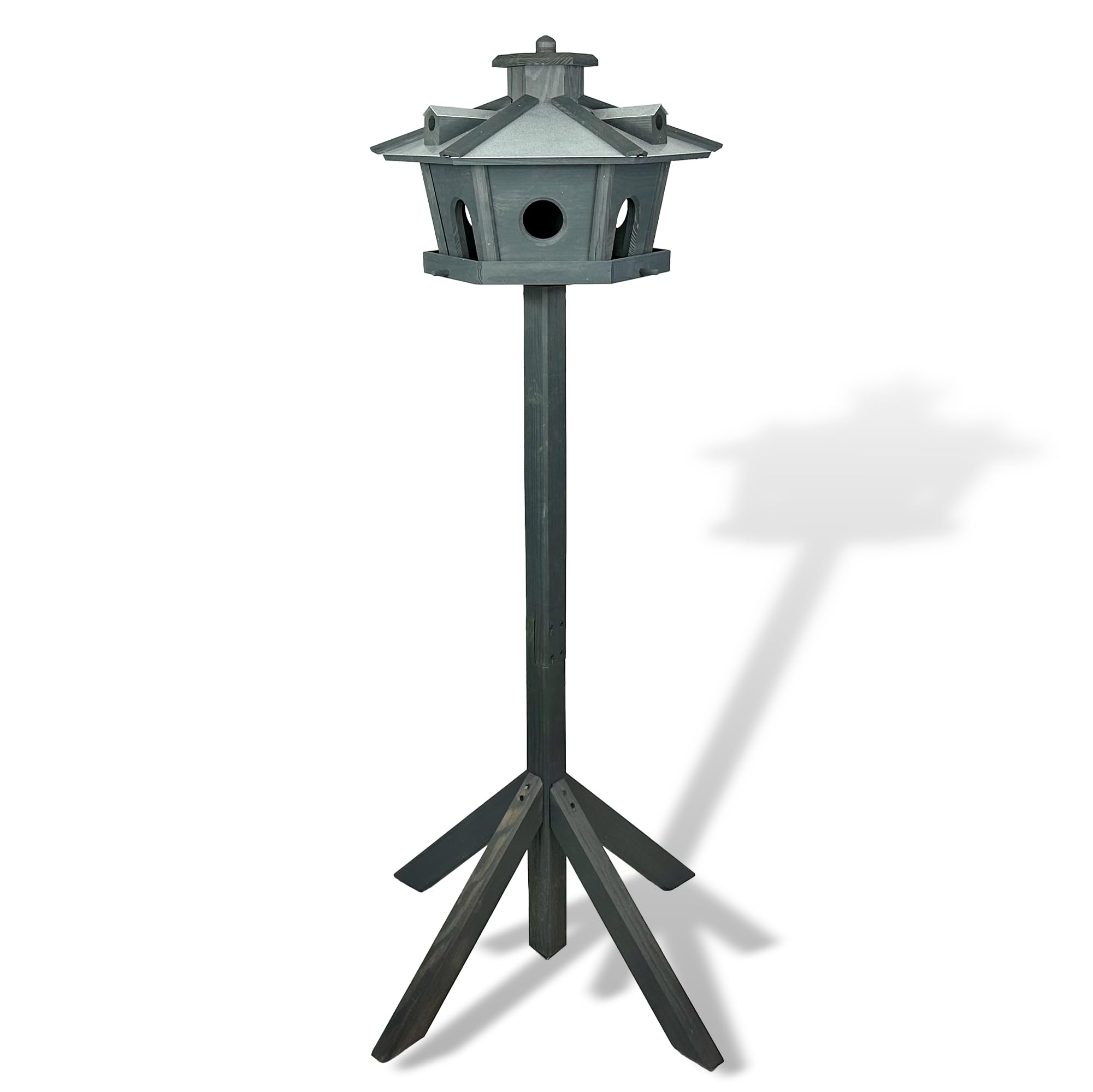 GARTENETAGE Vogelhaus Holz mit 2in1 Ständer & Metalldach/Vogelhaus mit Ständer wetterfest und stabil/sechseckiges Vogelfutterhaus mit Ständer/Robustes Vogelhäuschen für Balkon und Garten