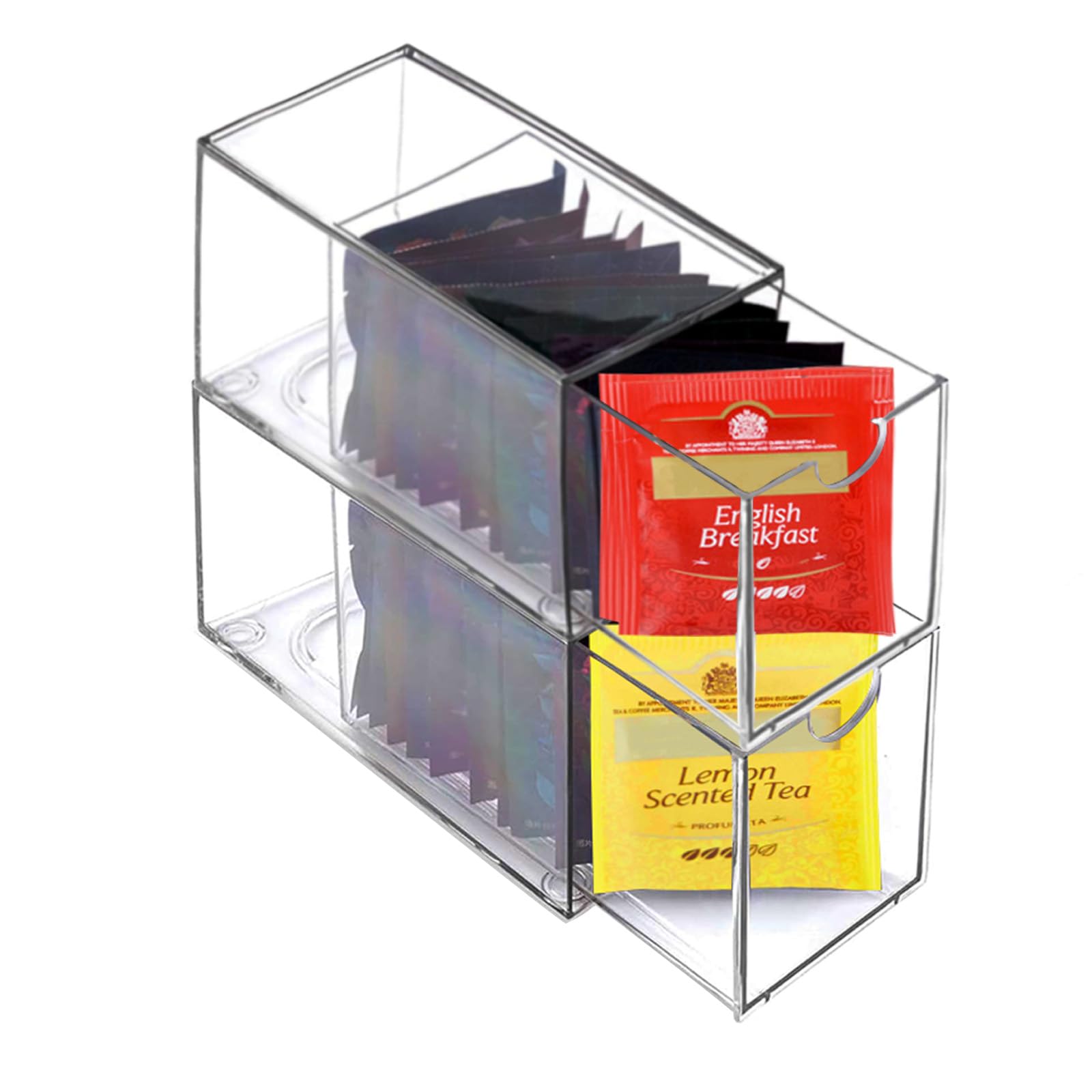 Tea Bag Organizer With 2 Drawers, Plastic Tea Bag Holder, Stackable Storage Drawers, Makeup Organizer, Clear Tea Box, Kitchen Pantry Organizer for Tea Bags, Sugar Sachets, Cosmetic - 3
