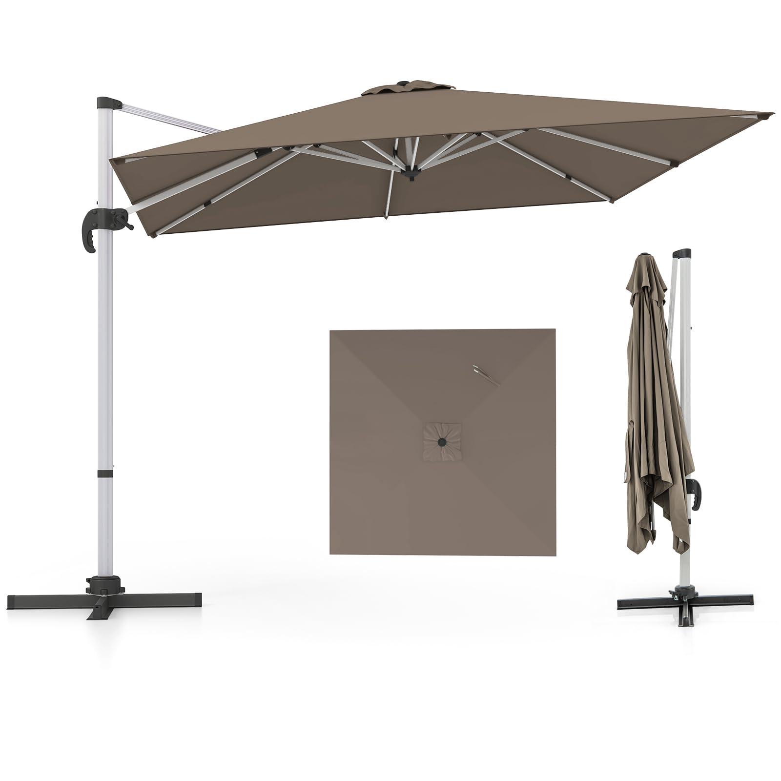 COSTWAY Sombrilla Terraza Exterior rectangular con Base 3x3m, Parasol Jardin Excentrico, Rotación de 360°, Inclinación Ajustable, Guarda Sol Jardin Exterior, Manivela y Base en Cruz