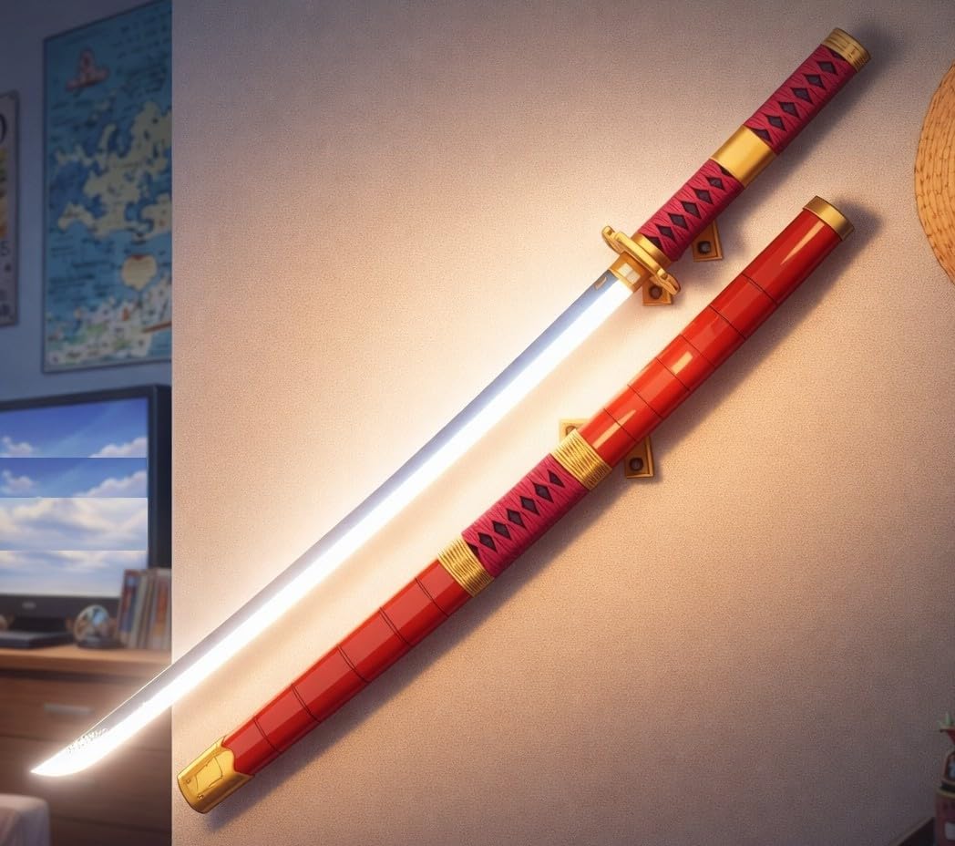 One Bambusowy miecz świetlny LED Katana, biały, świecący, w stylu Zoro Sandai Kitetsu, długość 100 cm, 71 cm, podświetlane bambusowe ostrze, listwa świetlna LED dla kolekcjonerów