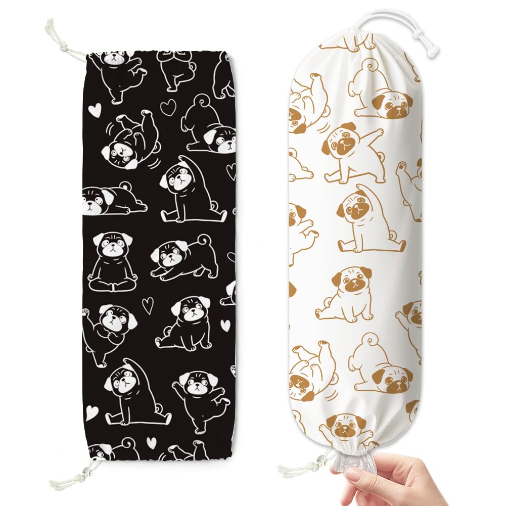 Doodlream 2PCS Cute Dogs Plastic Bag Holder, Funny Puppy Hanging Grocery Bag Organizer with Drawstring Bottom, 58.5 x 23 cm Cartoon Animal Large Storage Bags Dispenser Canvas Reusable Washable