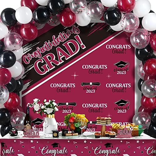 Hungdao Graduation Party Decorations Congratulations Grad Photography Backdrop Banner Confetti Balloons Kit Congrats Grad Tablecloths for Kids Adults Graduation Party Decor Supplies (Maroon and Black)