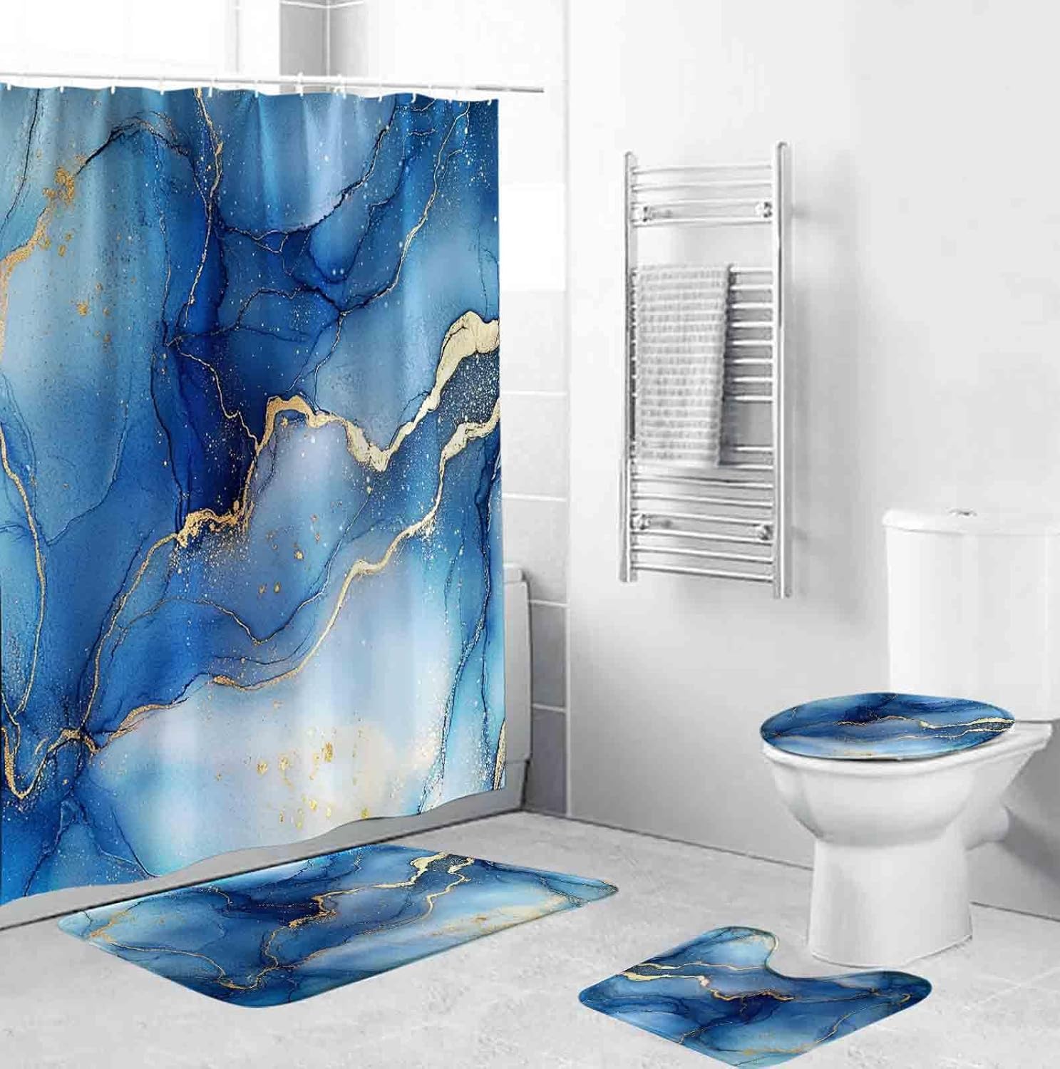 EMMTEEY 4Pcs Bathroom Sets with Rugs and Accessories,Blue Shower Curtain Sets with Non-Slip Rugs Toilet Lid Cover and Bath Mat,Waterproof Shower Curtains with 12 Hooks