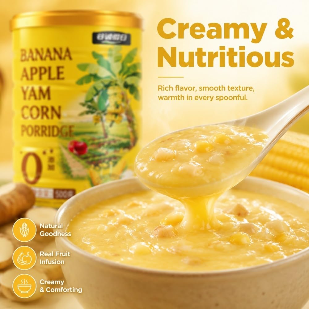 Polvere di mais istantanea con banane e mele, 500 g | Cereali caldi istantanei 30s con patate dolci, mais, banane, mele, pezzetti di vera frutta, 500 g.