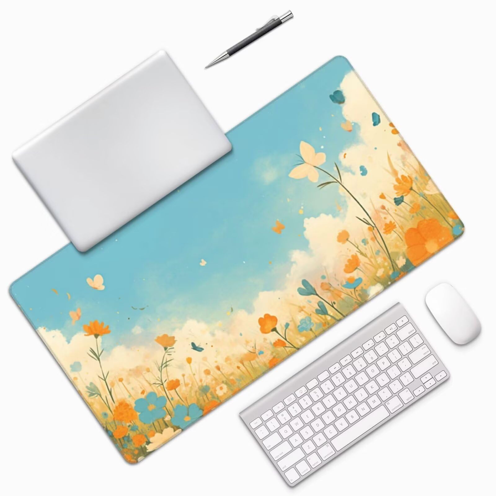 Gaming Mauspad XXL 1200x600x3mm Mousepad Verlängertes Groß Mauspad Schreibtischauflage,Genähte Kanten Rutschfeste Gummibasis,Verbessert Präzision Geschwindigkeit Home Office Kleine gelbe Blumen L-2992