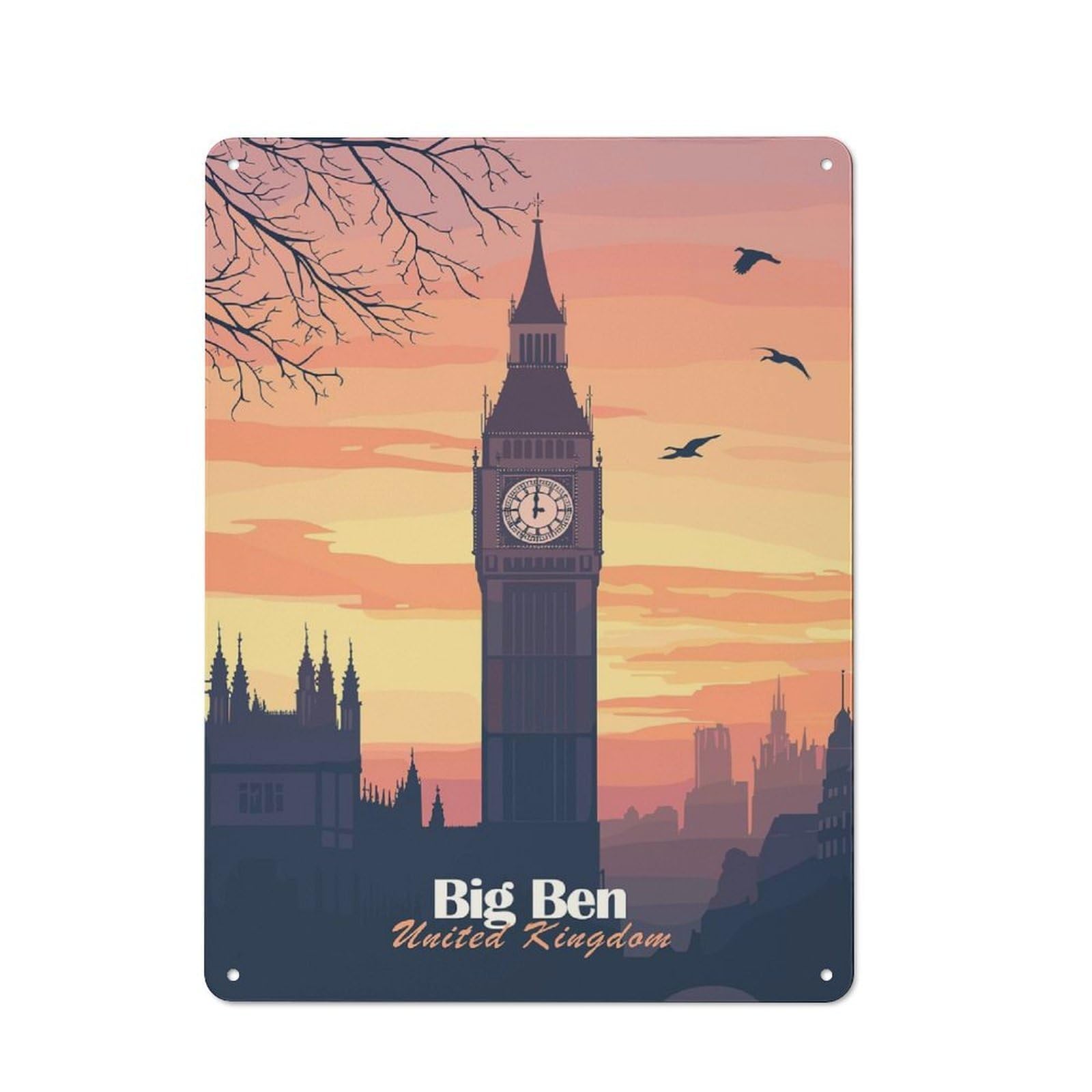 Junmoney Big Ben Sunset Vintage Metal Plaque 40X30cm, Bistro Wall Plaque For Coffee Bar, Kitchen, Bistro Or Tea Corner