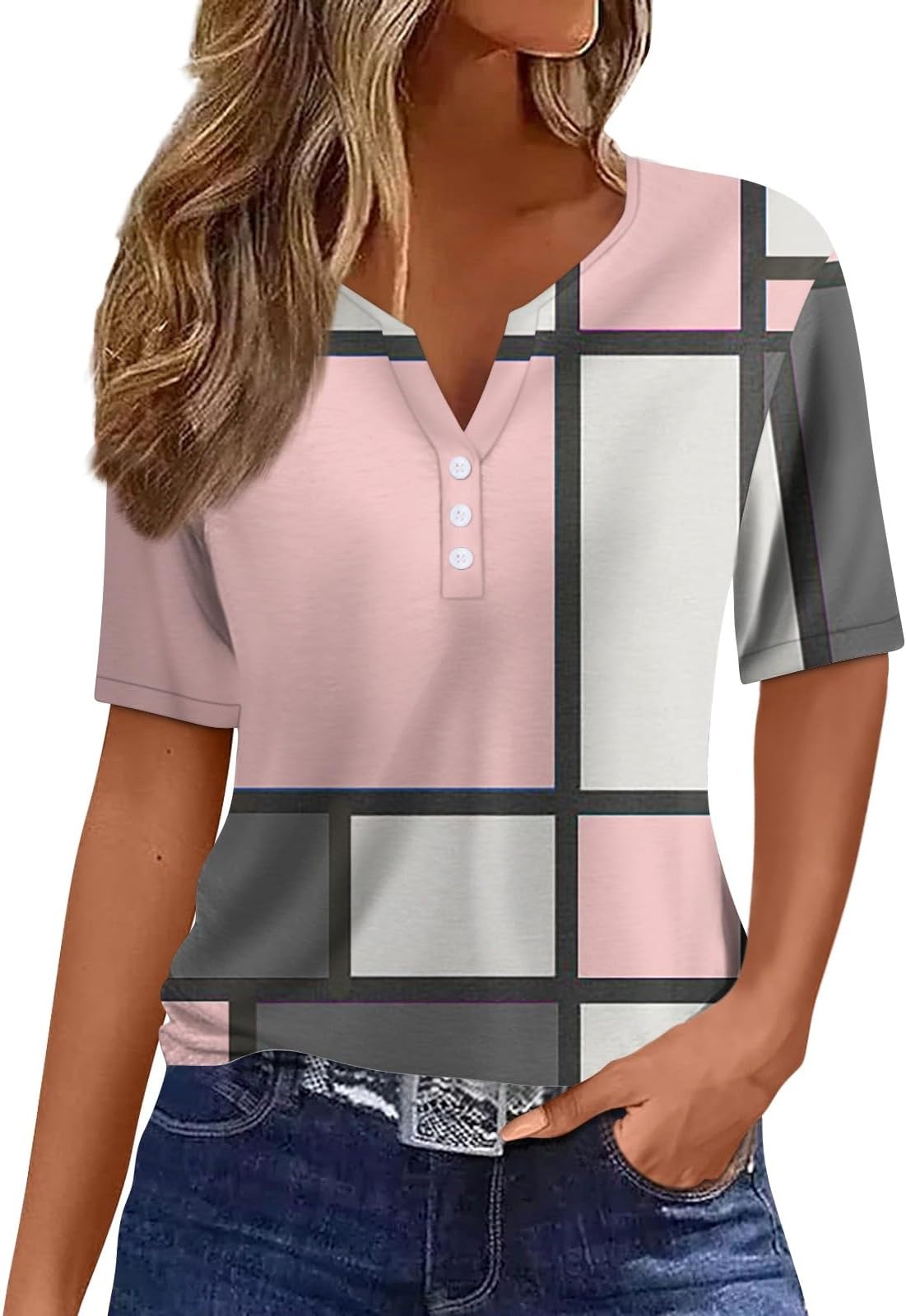 FQZWONG Summer Tops for Women 2025 Loose Casual Short Sleeve Shirts Trendy V Neck Graphic Tees Ladies Button Down Blouses