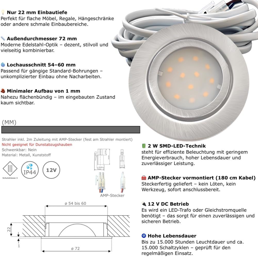 5er Set IP44 LED Einbauspots 12V, flach (22mm), 2,4W, 200lm, Edelstahl-Optik, mit Trafo, Verteiler, 230V-Kabel, Schnurschalter, Weiß (4000K), Ø=72mm, Loch 54-60mm. Ideal für Bad, Küche, Möbel usw.