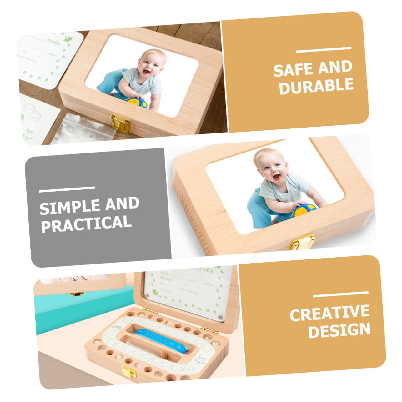 BESTonZON Caja De Almacenamiento De Dientes De Leche De Madera Para Niño Niña Organizador Portátil De Recuerdos Para Dientes y Cabello Infantil Significativo Para Bautizos y Cumpleaños
