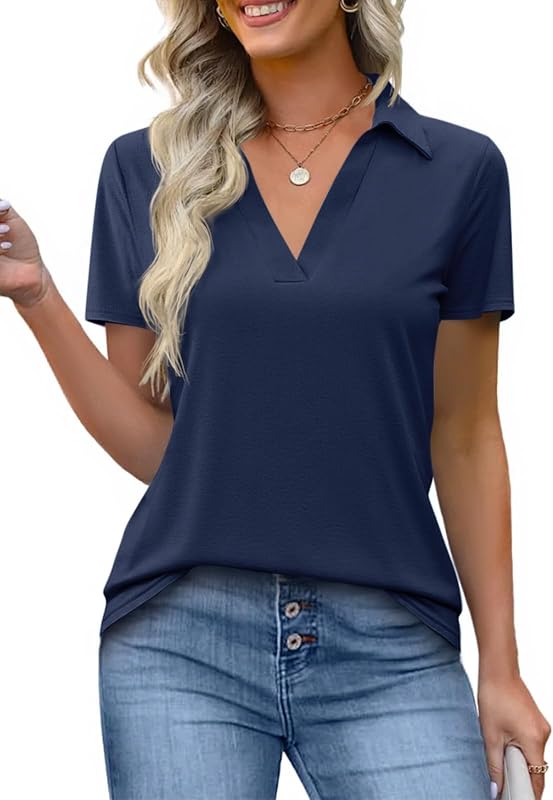 Imily Bela Womens Short Sleeve Polo Shirts V Neck Collared Tops