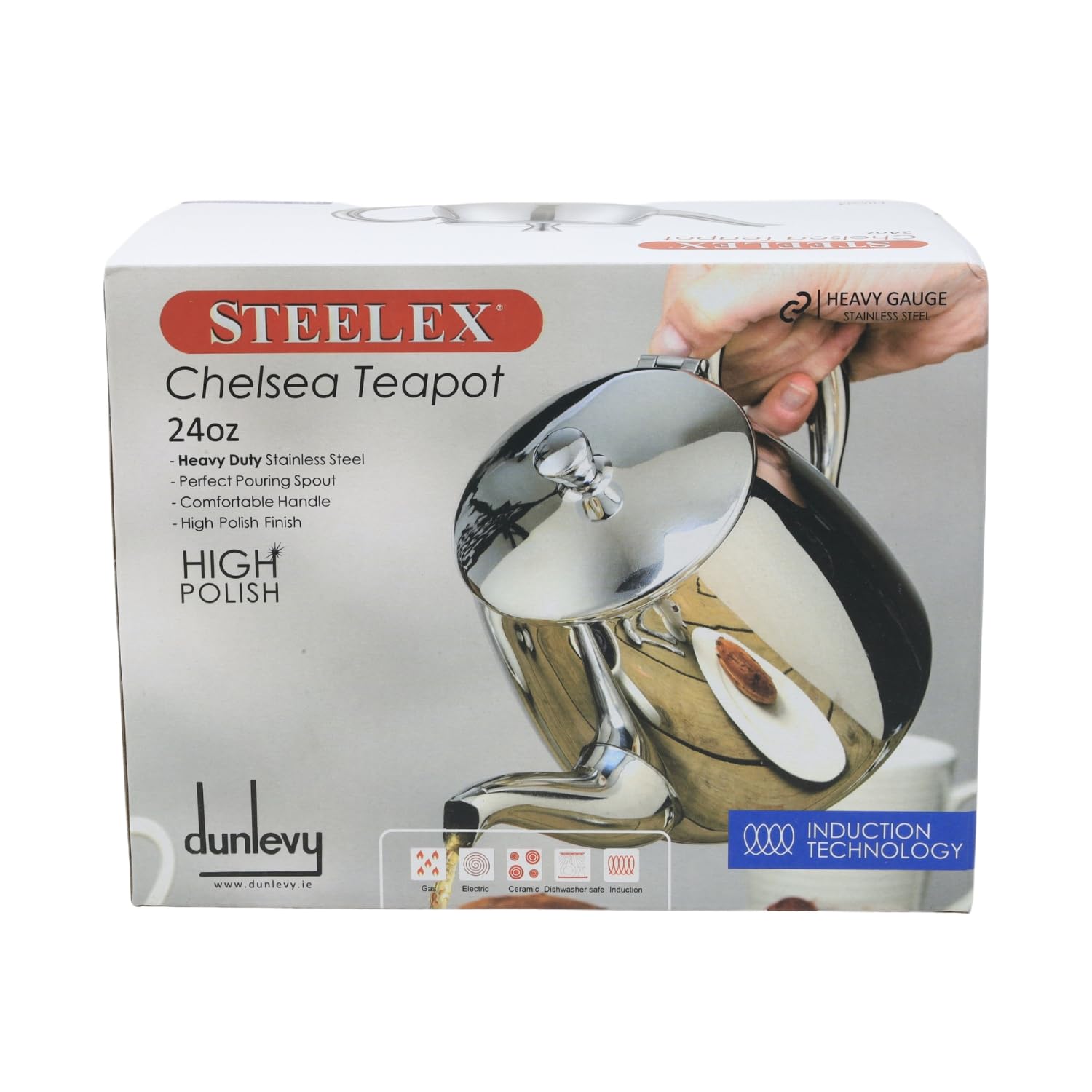 Steelex Chelsea Teiera In Acciaio Inox 800ml (24oz) Per Induzione, Maniglia Isolata, Argento Lucido