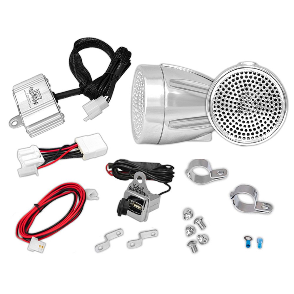 PLMCA61 600-Watt Motorcycle/ATV Amplifier with Dual Handle-Bar Mount Weatherproof Speakers, MP3/iPod Input, USB Charger - Set of 2