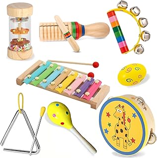 Musikinstrumente für Kinder, Montessori Holzspielzeug ab 3 Jahre, Instrumente Set mit Xylophone Trommel für Kindergarten, Musik Lernspielzeug Geschenk für Kinder Mädchen Junge (8 in 1)