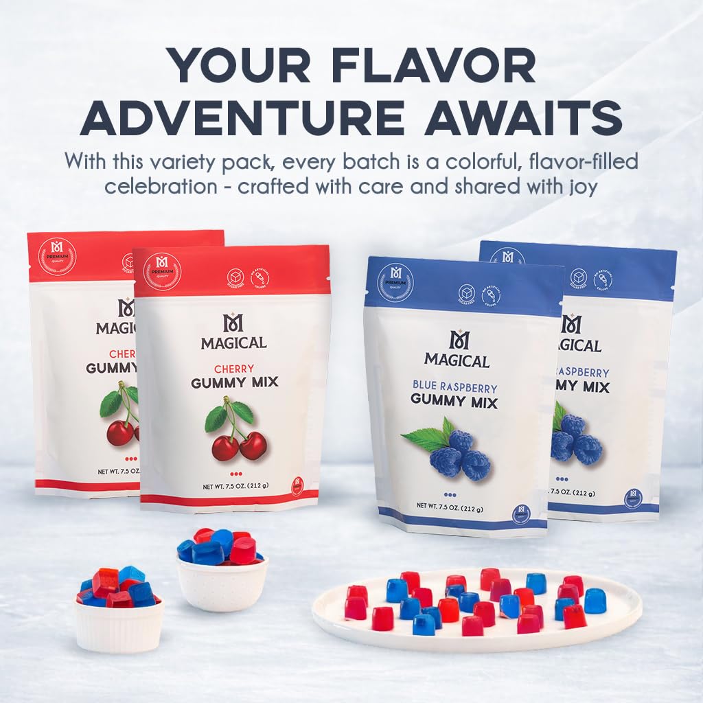 Magical Butter Premium Gummy Mix Variety Pack – 2x Blue Raspberry and 2x Cherry Organic Sugar-Free Gelatin Powder | 4x 7.5 oz, Makes ~120 Gummies