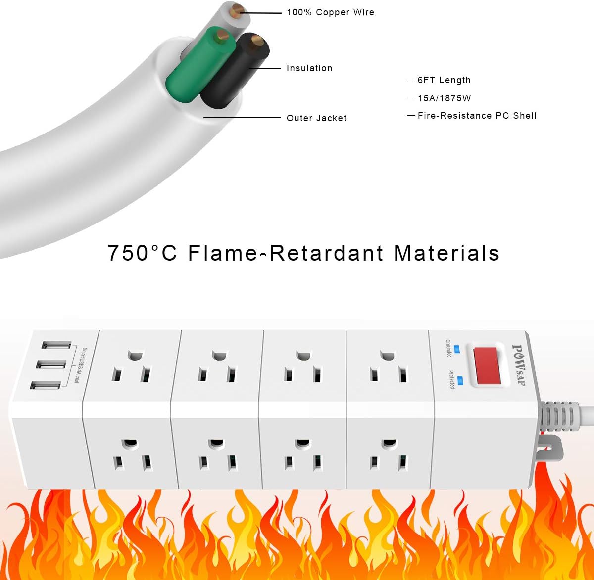 Surge Protector, POWSAF Power Strip with 12-Outlet(3-Sided) and 3 USB Ports(5V/3.4A, 17W), 6-Ft(1875W/15A) Heavy Duty Extension Cord, ETL Listed, White