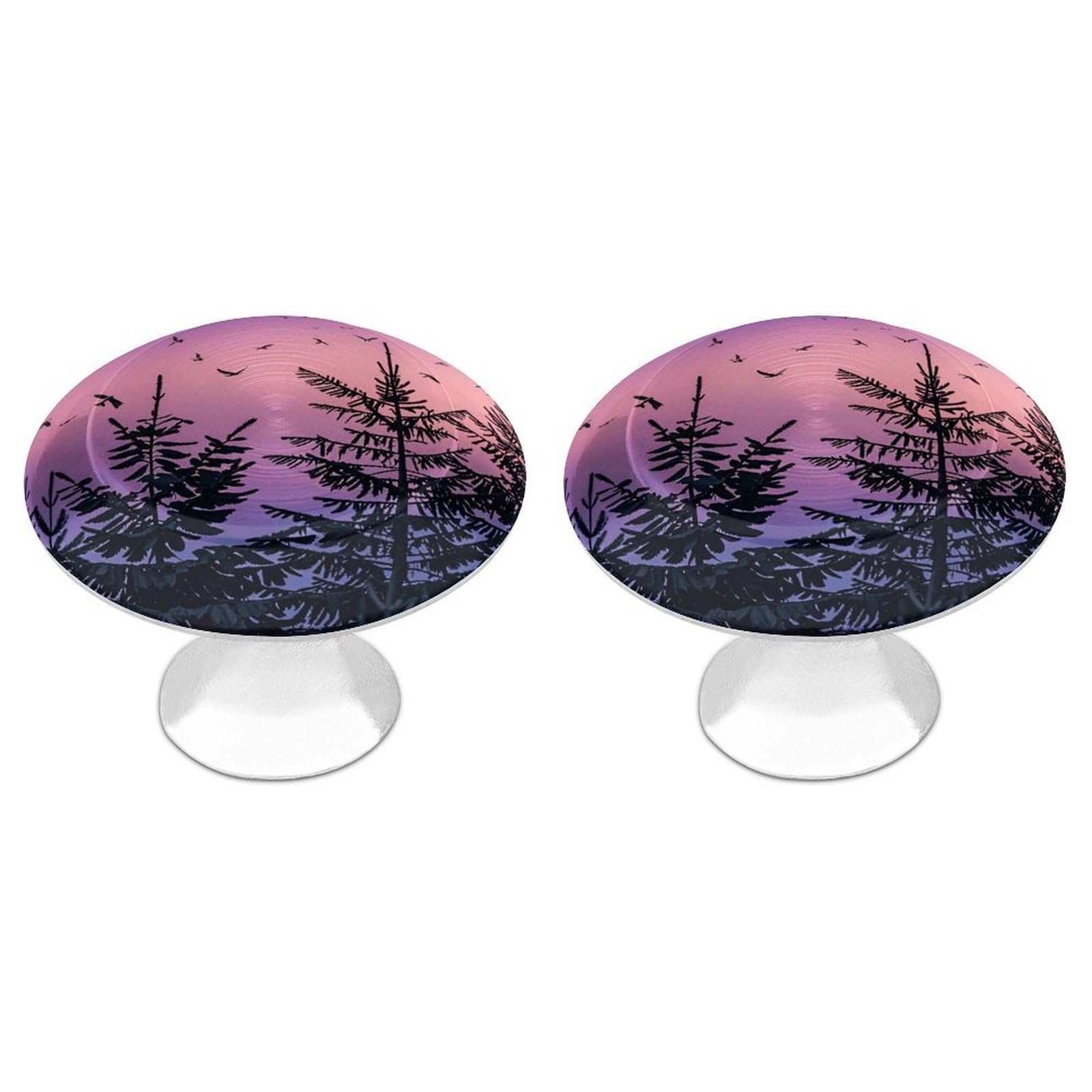 QMNLKH Purple Sky Trees and Birds Cabinet Knobs for Home, Round Drawer Pulls for Kitchen, Personalized Cupboard Handles with Screw, Fashion Dresser Knobs for Office, Drawer Handles, 2 Packs