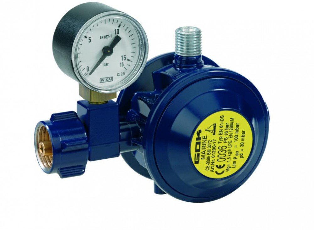GOK Druckminderer Gasflasche Marine EN61-DS, Gasdruckregler 30 mbar mit Manometer, 90°-Abgang nach oben, PS 16 bar, Mg 1,5 kg/h, CE/EN 12864 M, Überdrucksicherung 100 mbar