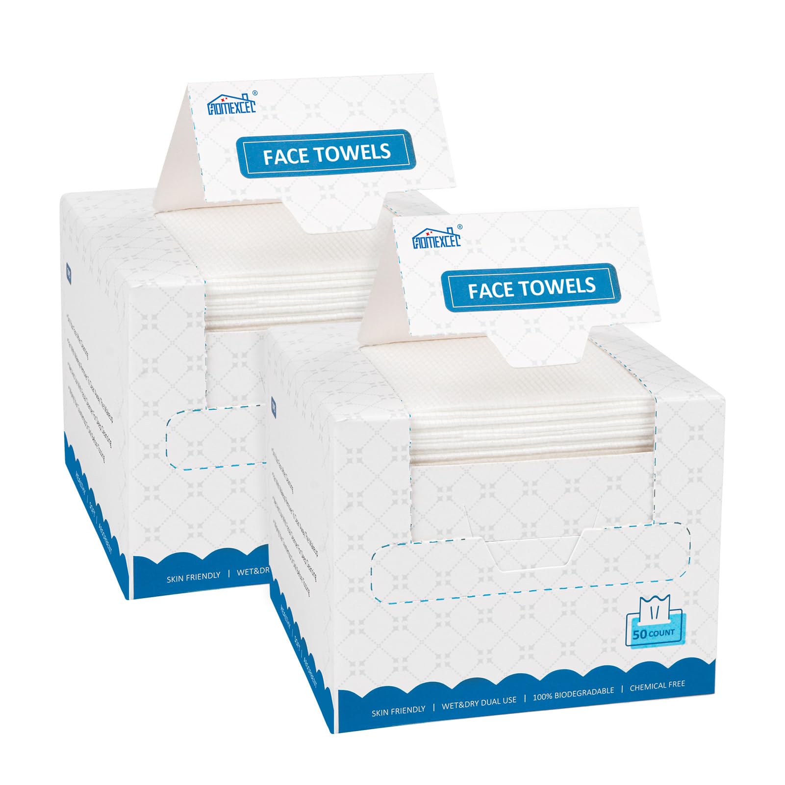 HOMEXCEL Face Towels 100 Count 2 Box Disposable Face Towelettes Biodegradable Makeup Remover Dry Wipes Super Soft Clean