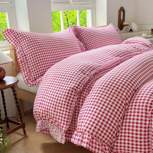 NSNLGSGC Red Gingham Ruffle Duvet Cover Queen Size, 3 Pieces Soft Pre-Washed Microfiber Checked Plaid Comforter Cover Set, Vintage Farmhouse Bedding Set(Red Gingham, Queen 90