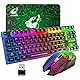Kabellose Gaming-Tastatur und Maus, 87 Tasten, Regenbogen-LED-Hintergrundbeleuchtung, wiederaufladbar, 3800 mAh Akku, mechanisches Gefühl, Anti-Ghosting, ergonomisch, wasserdicht, RGB-Maus (schwarz)
