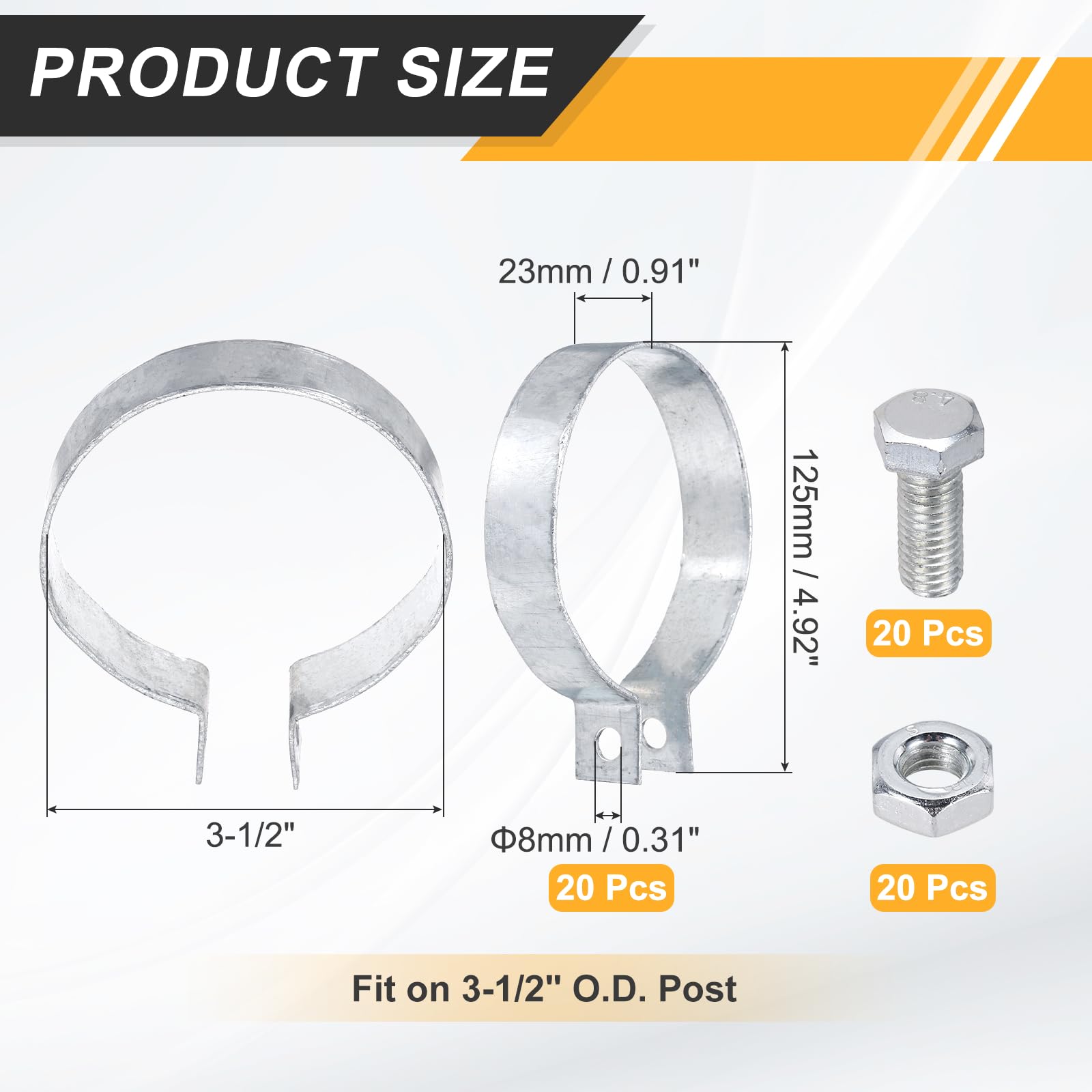 QUARKZMAN 20 Piezas Bandas De Refuerzo Para Cerca De Eslabones, Bandas De Tensión De Acero Galvanizado Con Tornillos Y Tuercas Para Postes De 3-1/2", Tubos, Puertas Y Paneles De