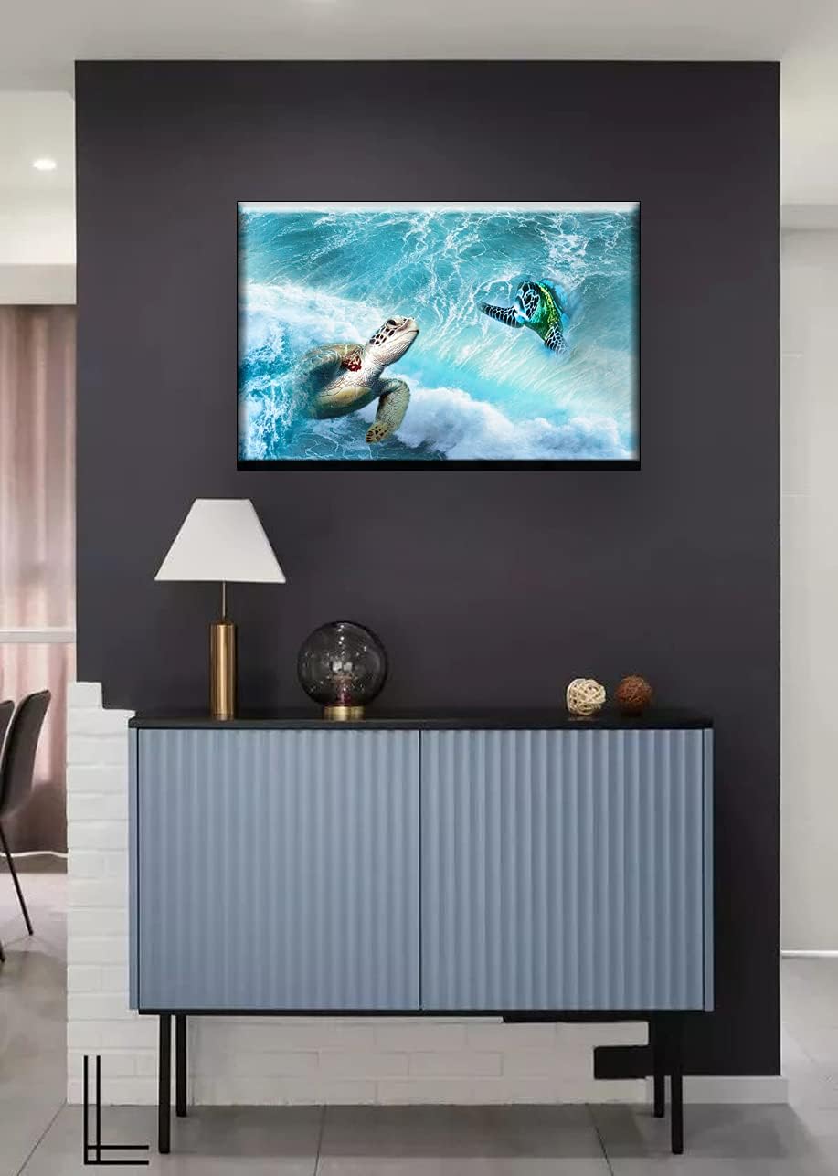 CHWF HAOLIMAI Canvas Wall Art for Living Room Family Bedroom Pictures Artwork Bathroom Decor, 16inX 24inch x1 Panels Sea Turtle Paintings Ocean Framed Ready to Hang Modern Home Dcor