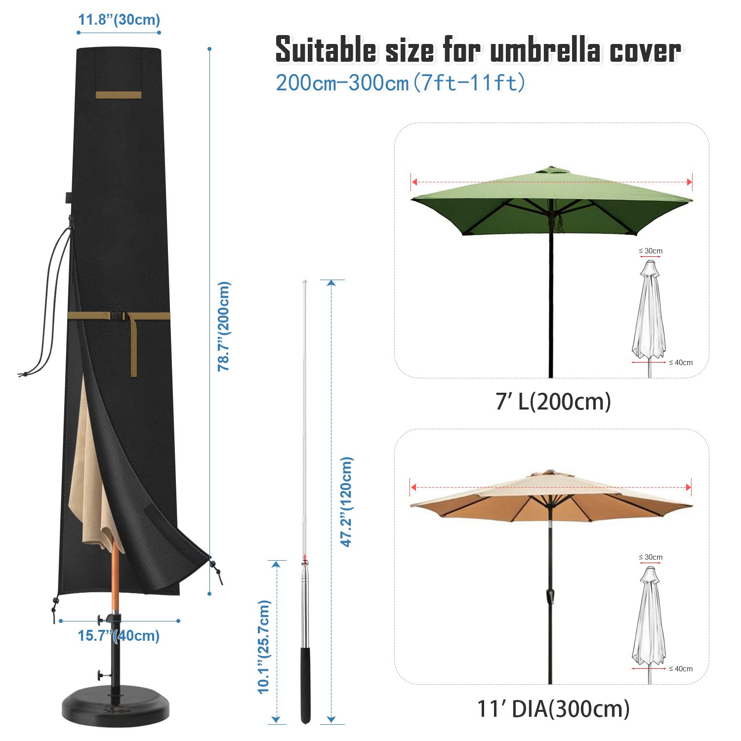 VANSHEIM Abdeckhauben für Sonnenschirme Abdeckung Ø 200 cm bis 300 cm Sonnenschirm Schutzhülle für Ampelschirme mit Teleskopstange Wasserdicht Winddicht Schutzhülle Sonnenschirme 200x30/40cm