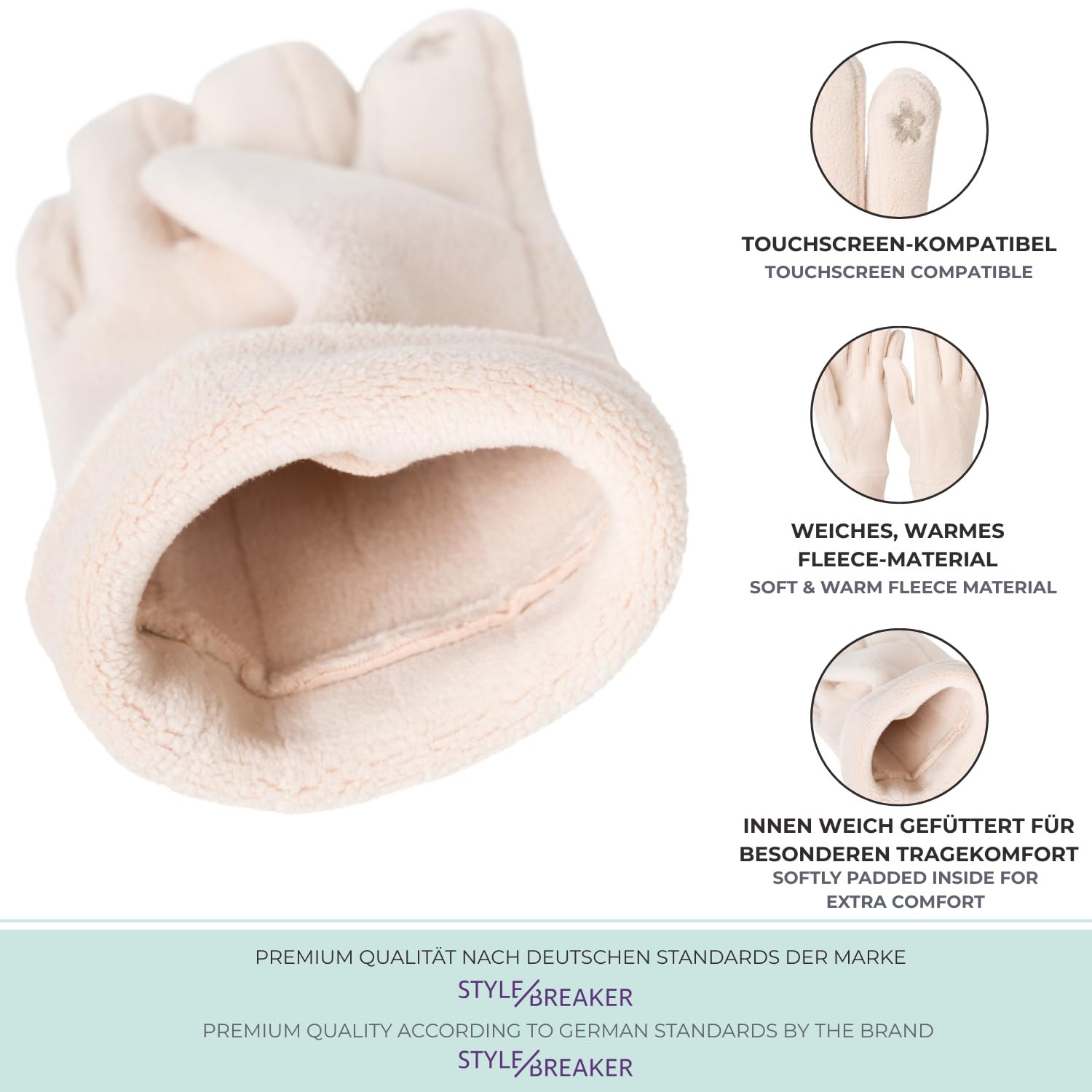 styleBREAKER Damen Touchscreen Fleece Handschuhe Einfarbig, warme Fingerhandschuhe, Winter 09010047