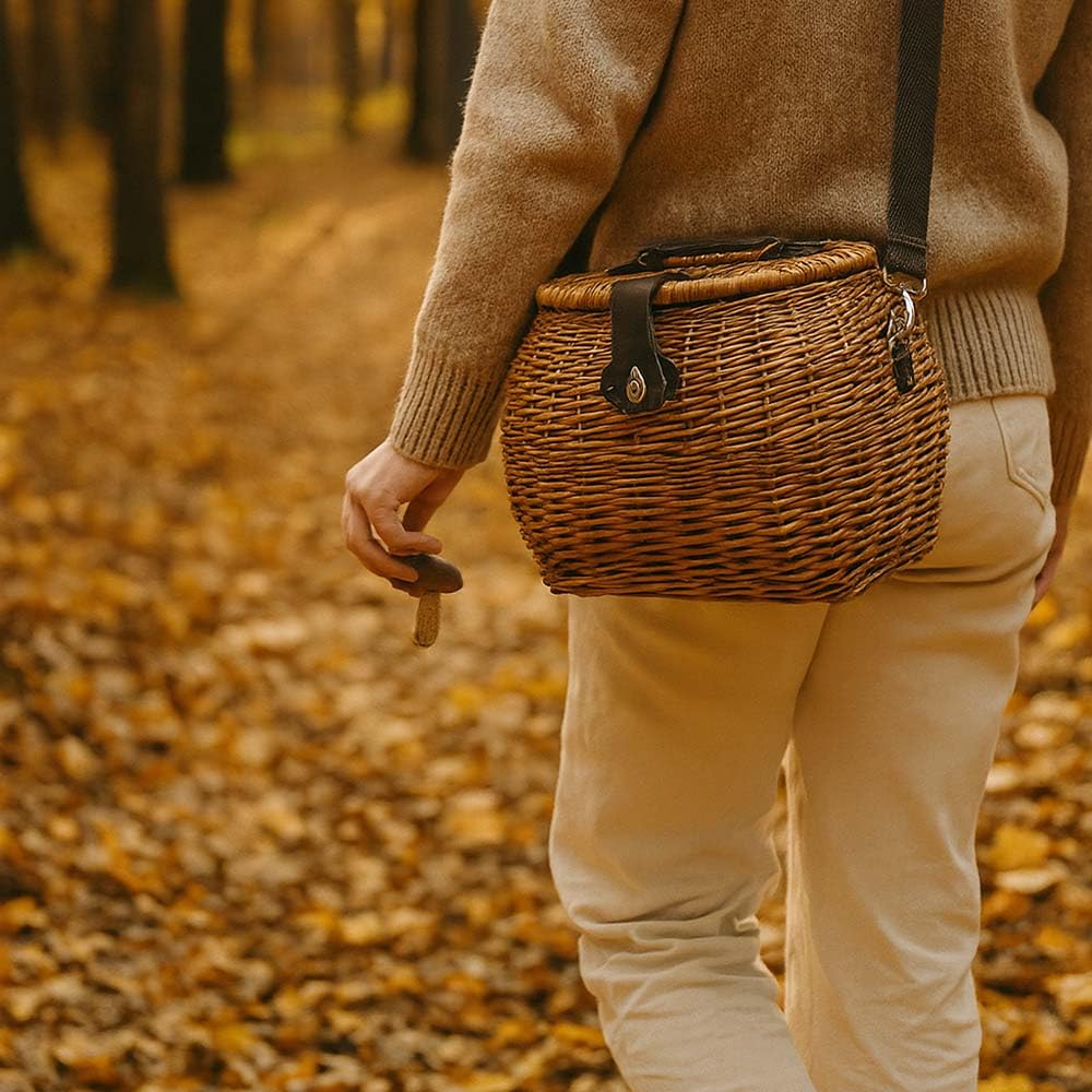 Cesto Funghi Lux in Vimini con Tracolla Regolabile 32×27×h26 cm — Raccolta Castagne Tartufi Frutti di Bosco — Cestino Leggero Naturale