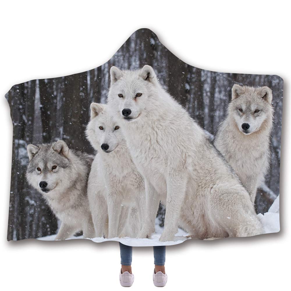 Chickwin Hooded Blanket for Adult Kids, 3D Fashion Starry Wolf Printed Blanket With Hood Winter Soft Plush Cloak Cape Suitbale Robe for Watch TV on Bed/Sofa (Kids-150x130cm,Family Of Wolves)